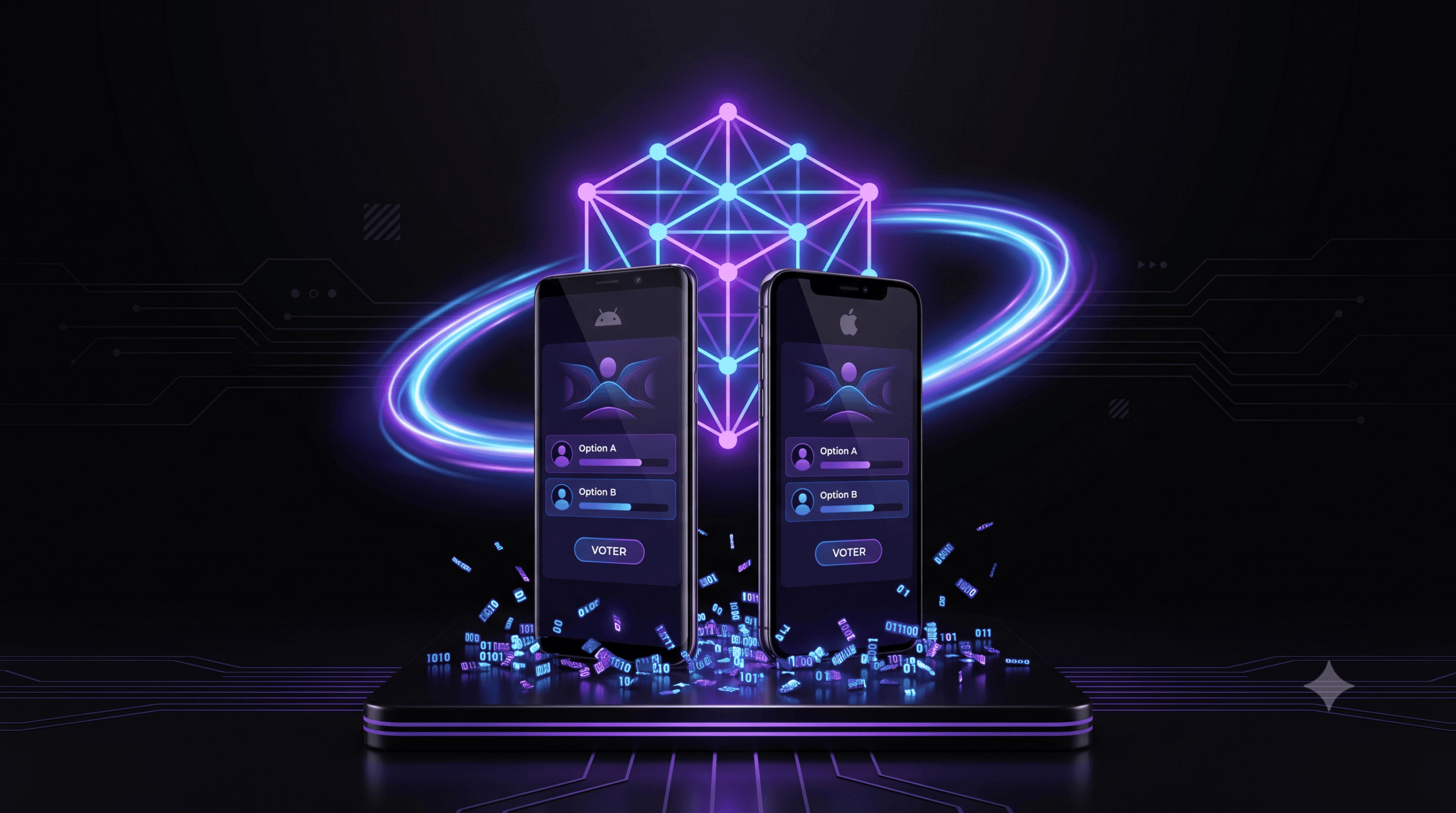 Application de vote blockchain développée en Kotlin Multiplatform affichée sur un smartphone Android et un iPhone côte à côte, devant un réseau blockchain lumineux violet et un anneau de lumière symbolisant la ligne d'arrivée du challenge