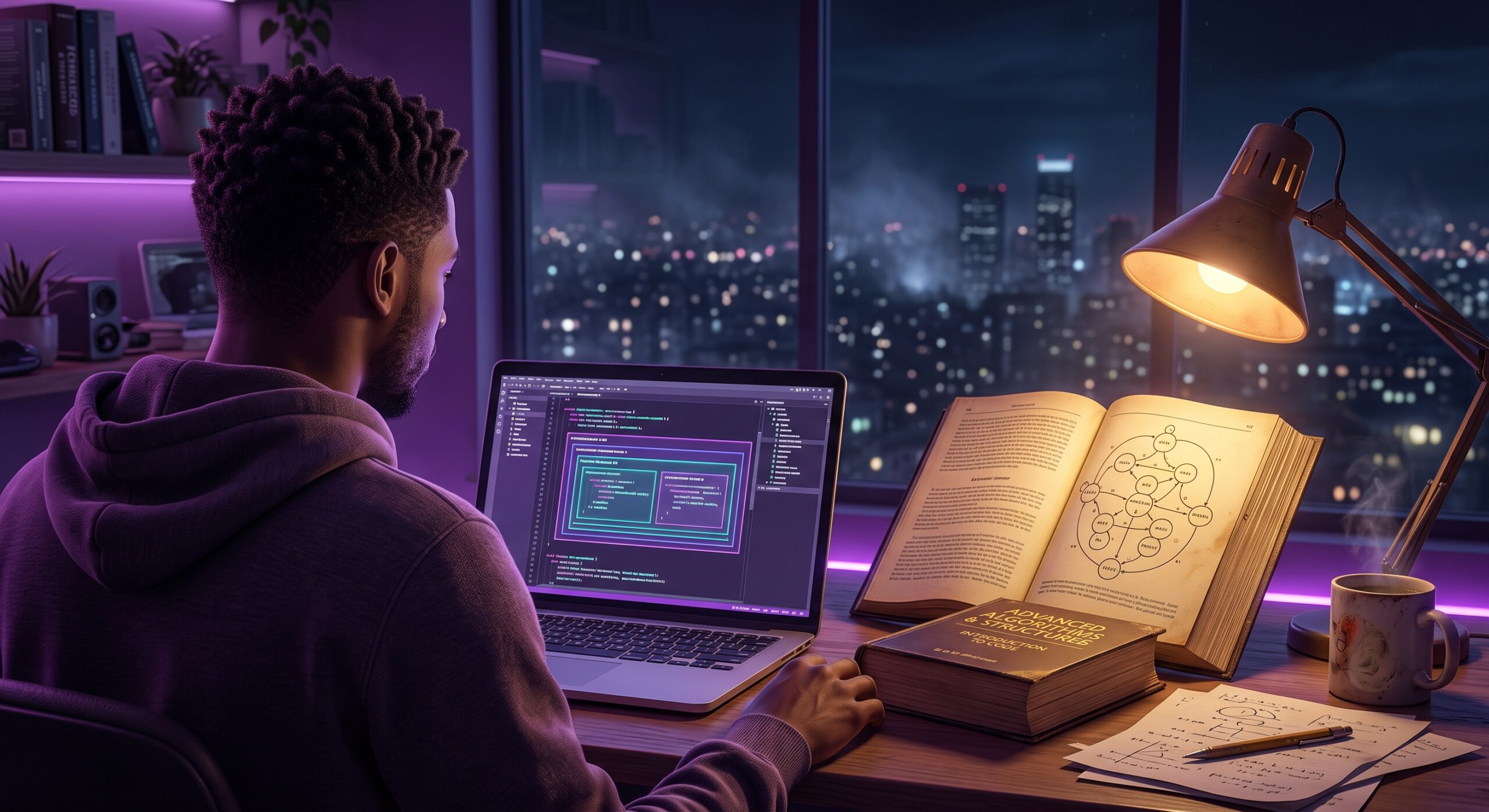 Développeur écrivant un DSL Kotlin sur son laptop, un vieux manuel de design patterns ouvert à côté