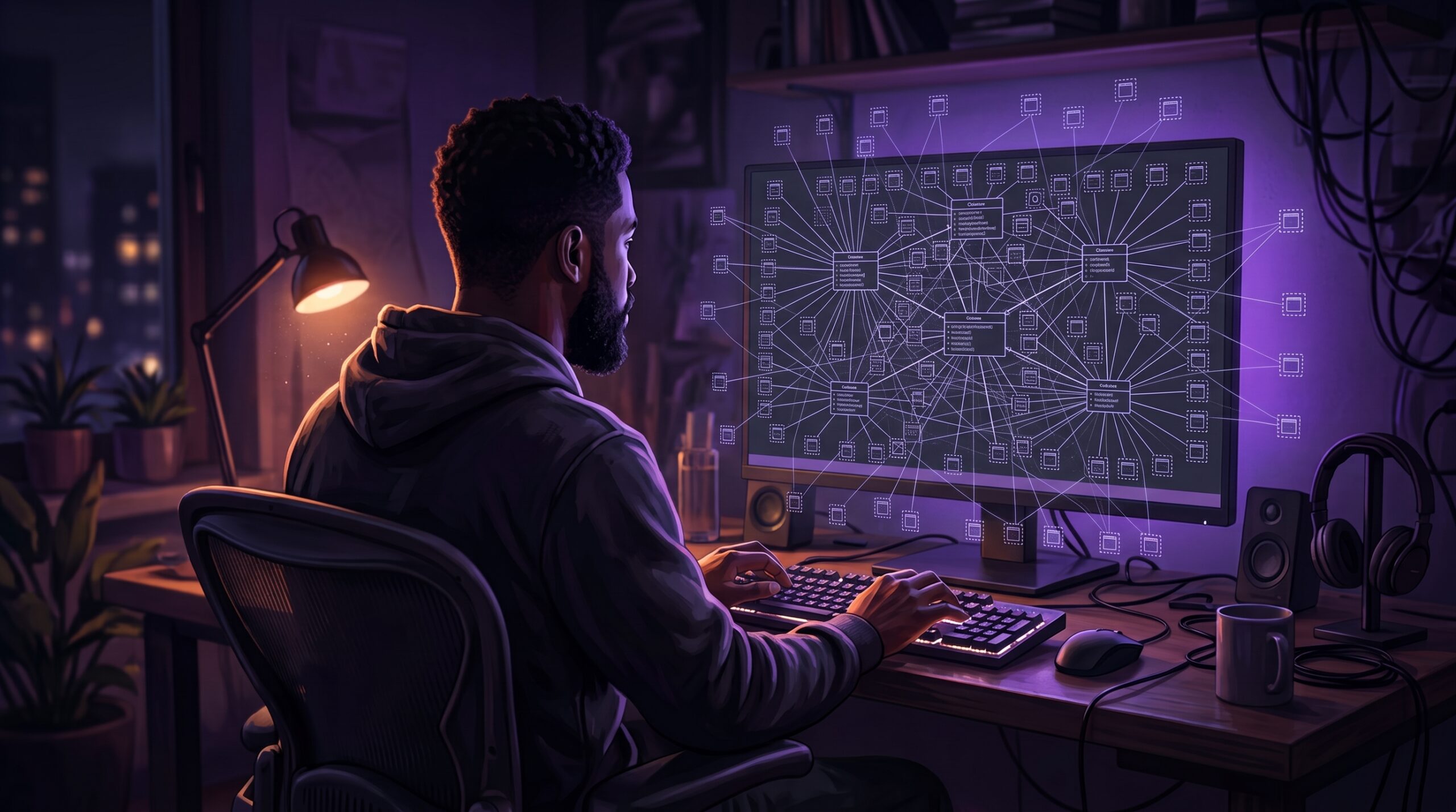 Illustration d'un développeur Android et Kotlin Multiplatform confronté à un réseau complexe d'interfaces, symbolisant une mauvaise application du principe d'inversion de dépendance de SOLID