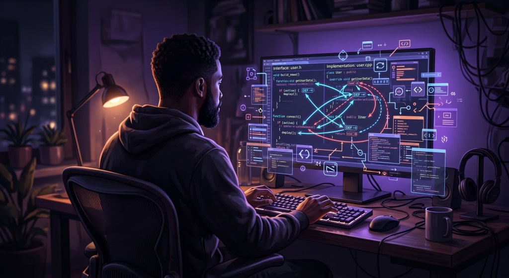 Illustration d'un développeur Android et Kotlin Multiplatform suivant les flèches de navigation entre le fichier d'interface et son implémentation concrète dans le code