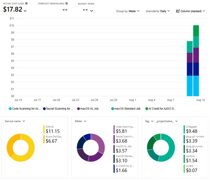 Azure Cost Management view for Copilot Code Review billing and project-level cost visibility
