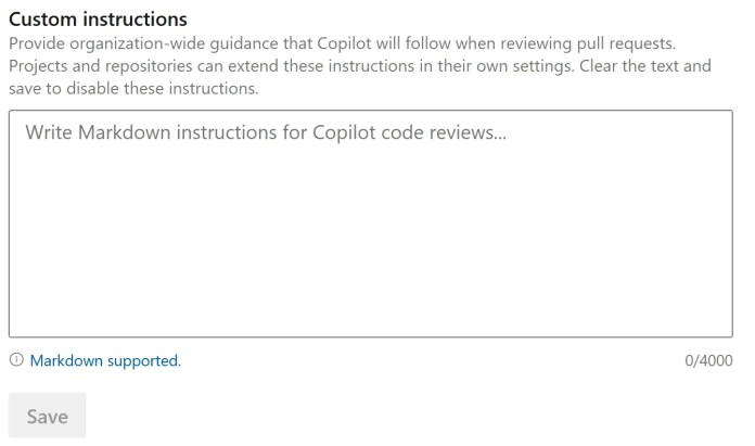 Azure DevOps custom instructions interface for Copilot Code Reviews in Azure Repos