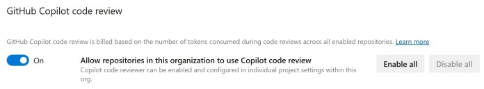 Azure DevOps organization settings showing Copilot Code Reviews for Azure Repos onboarding controls