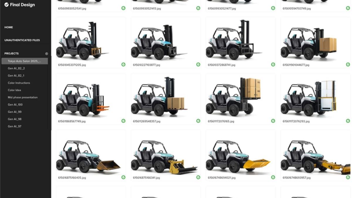 Una visualización en cuadrícula de 16 diseños de UTV generados por computadora, cada uno mostrando variaciones del mismo vehículo utilitario azul claro con diferentes accesorios que incluyen carretillas elevadoras, transportadores de cajas, arados y hojas de excavadora en colores amarillo, marrón y negro, dispuestos en un diseño de 4x4 contra un fondo blanco.
