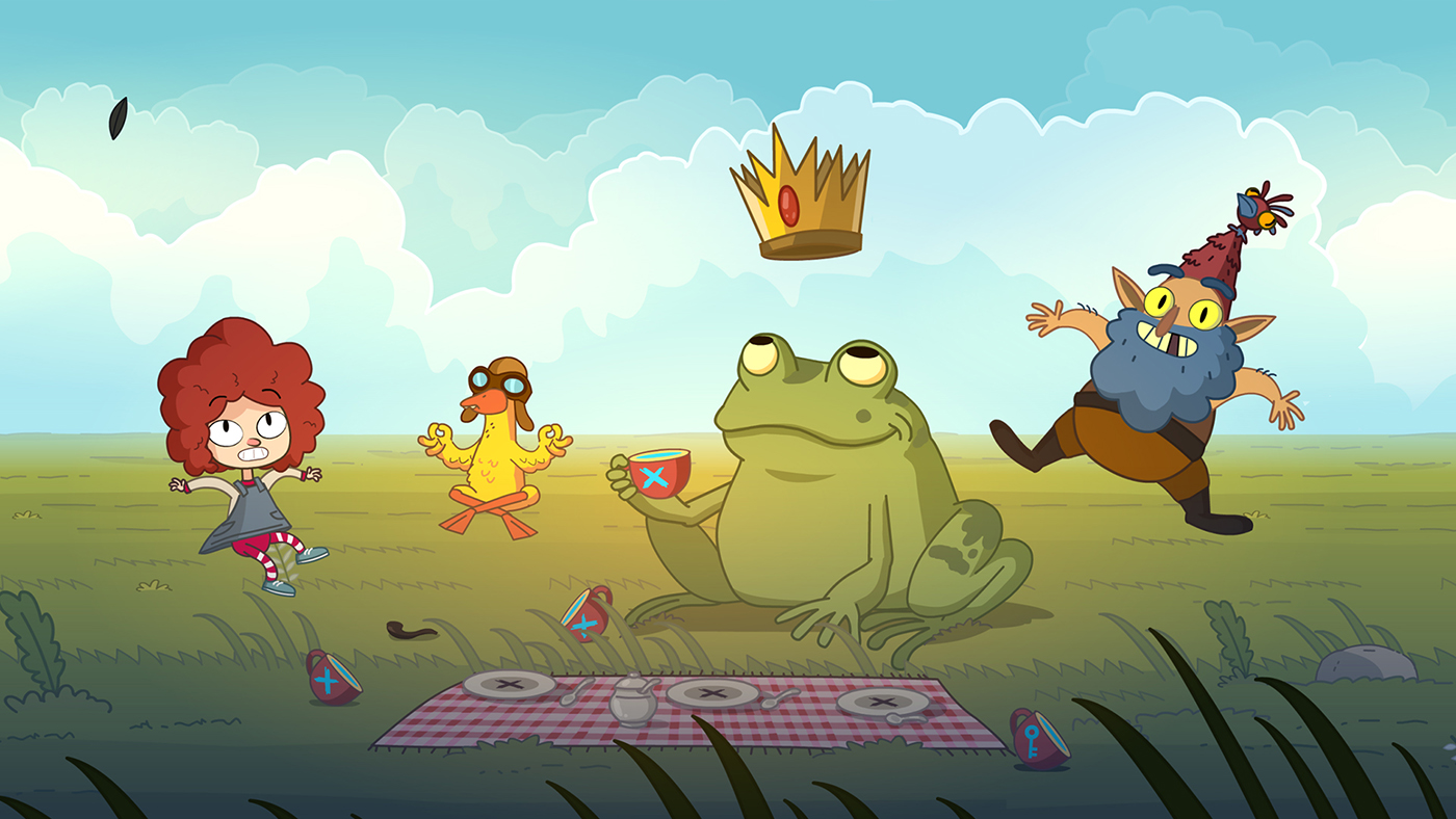 Apple Developer Hello August 2024 Four animated characters from Lost in Play — a young girl named Gal, a duck wearing pilot's goggles, a large frog holding a mug of tea, and a gnome with a bushy beard — float above a picnic blanket in a green field.