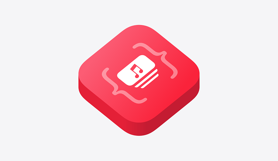 Apple Developer Hello August 2024 The Apple Music Feed icon, a music note in white set on a 3D red rectangular block.