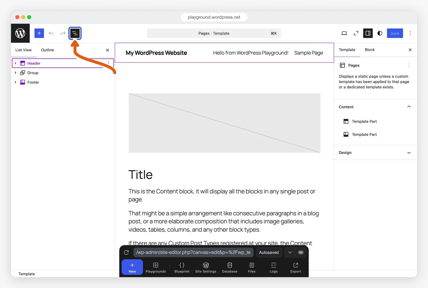 Site Editor List view