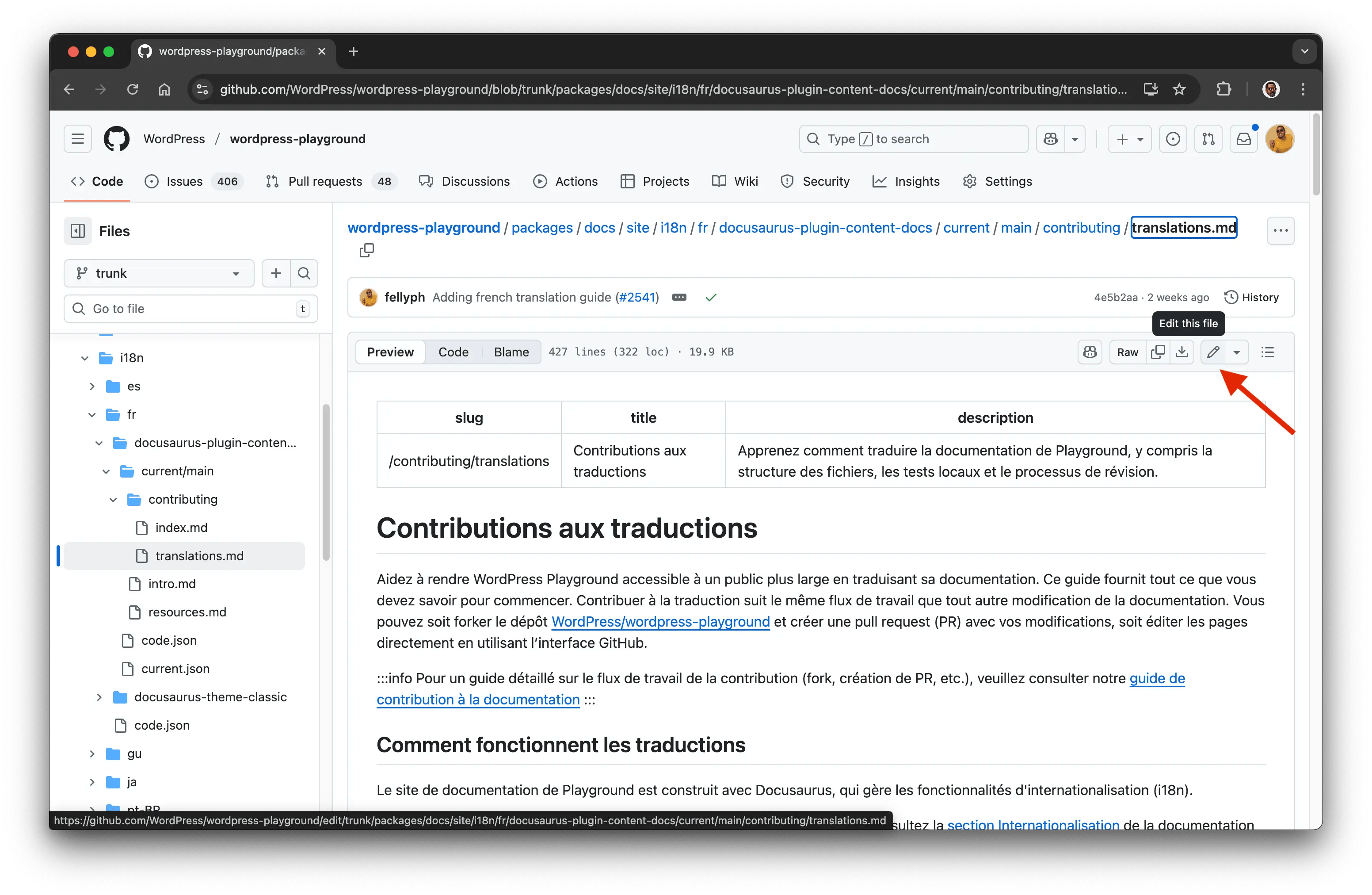 Editing a documentation file in GitHub
