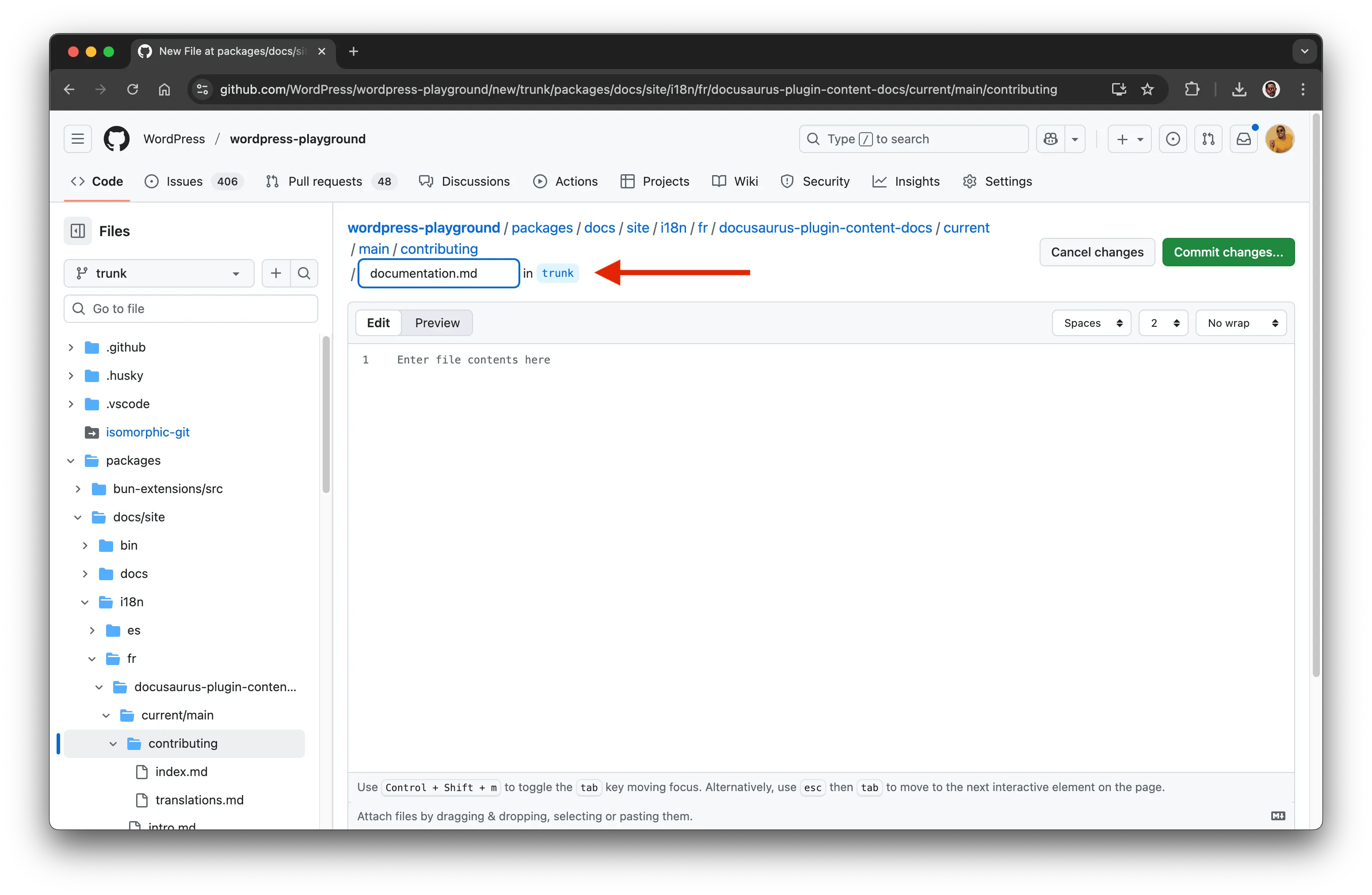 Editing content in the GitHub web editor