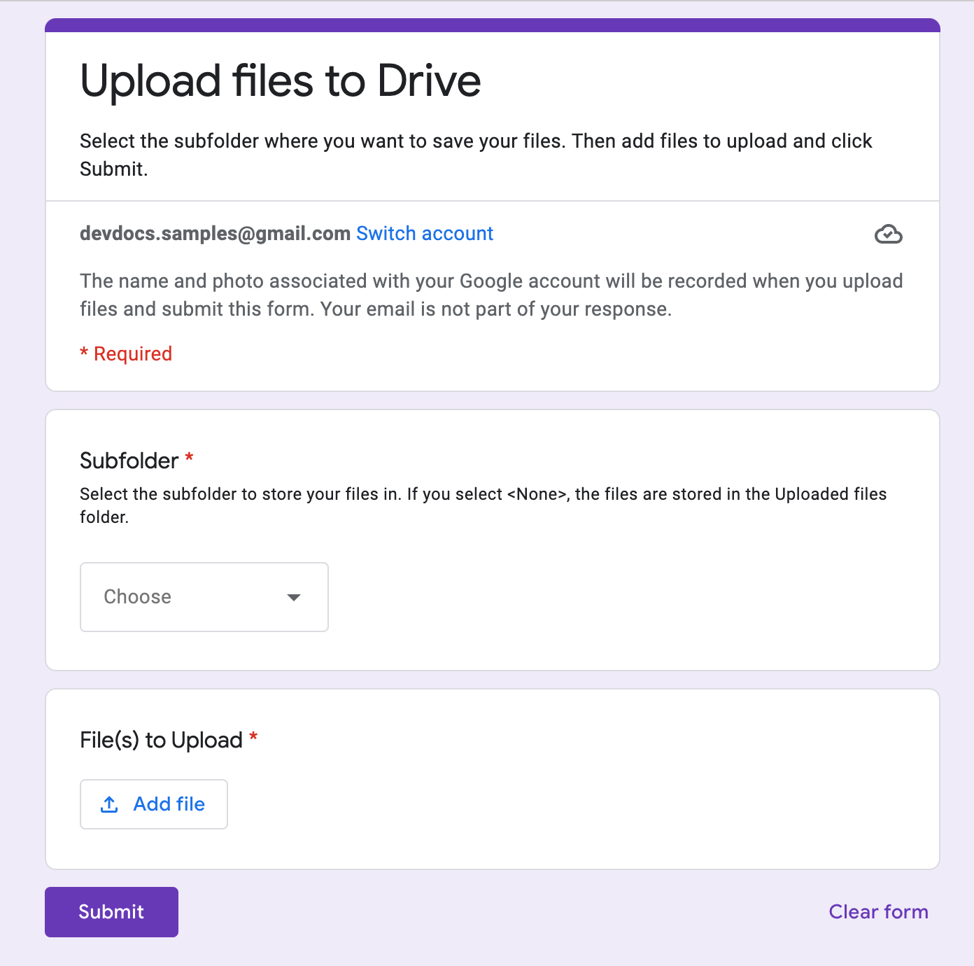 Upload files to Google Drive from Google Forms | Apps Script | Google for  Developers