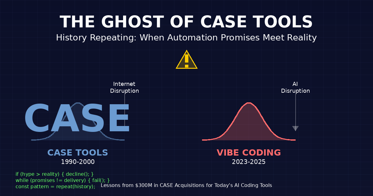 Comparison chart showing CASE Tools (1990-2000) and Vibe Coding (2023-2025) following identical rise-and-fall hype cycles, with Internet disruption and AI disruption marked as paradigm shift accelerators