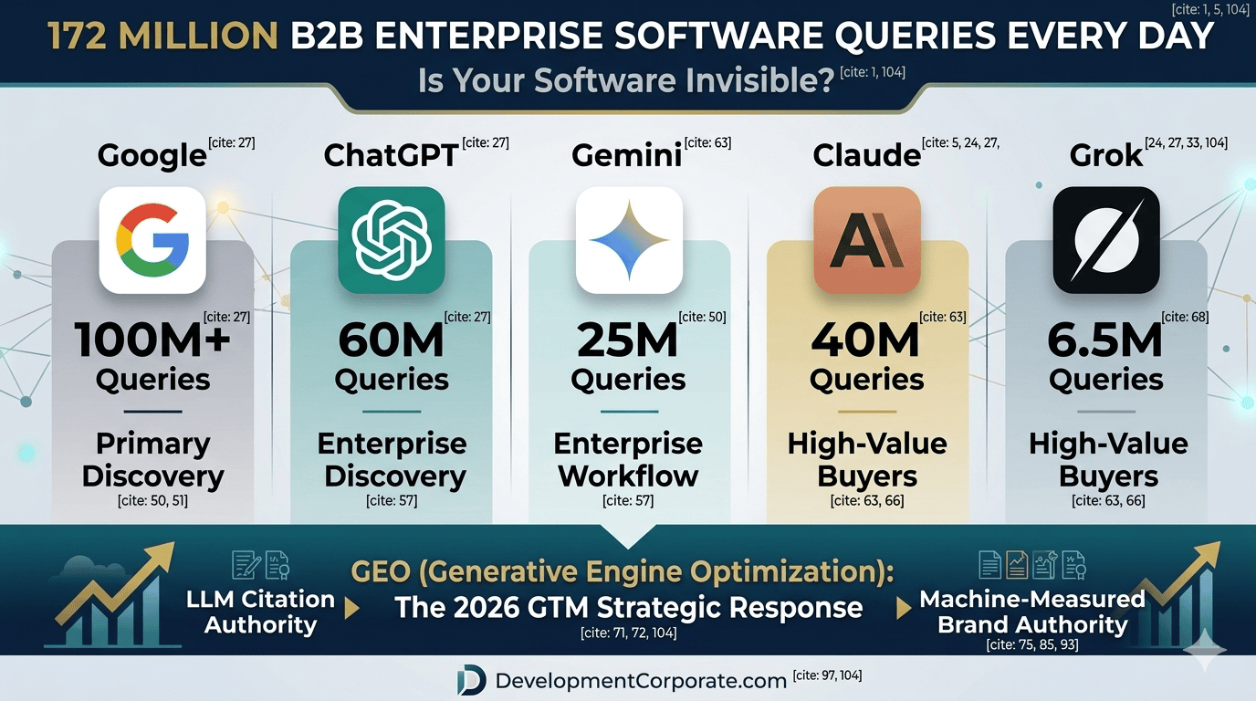 Infographic showing 172 million daily B2B enterprise software queries across Google, ChatGPT, Gemini, Claude, and Grok, highlighting the shift from SEO to Generative Engine Optimization (GEO) in 2026.