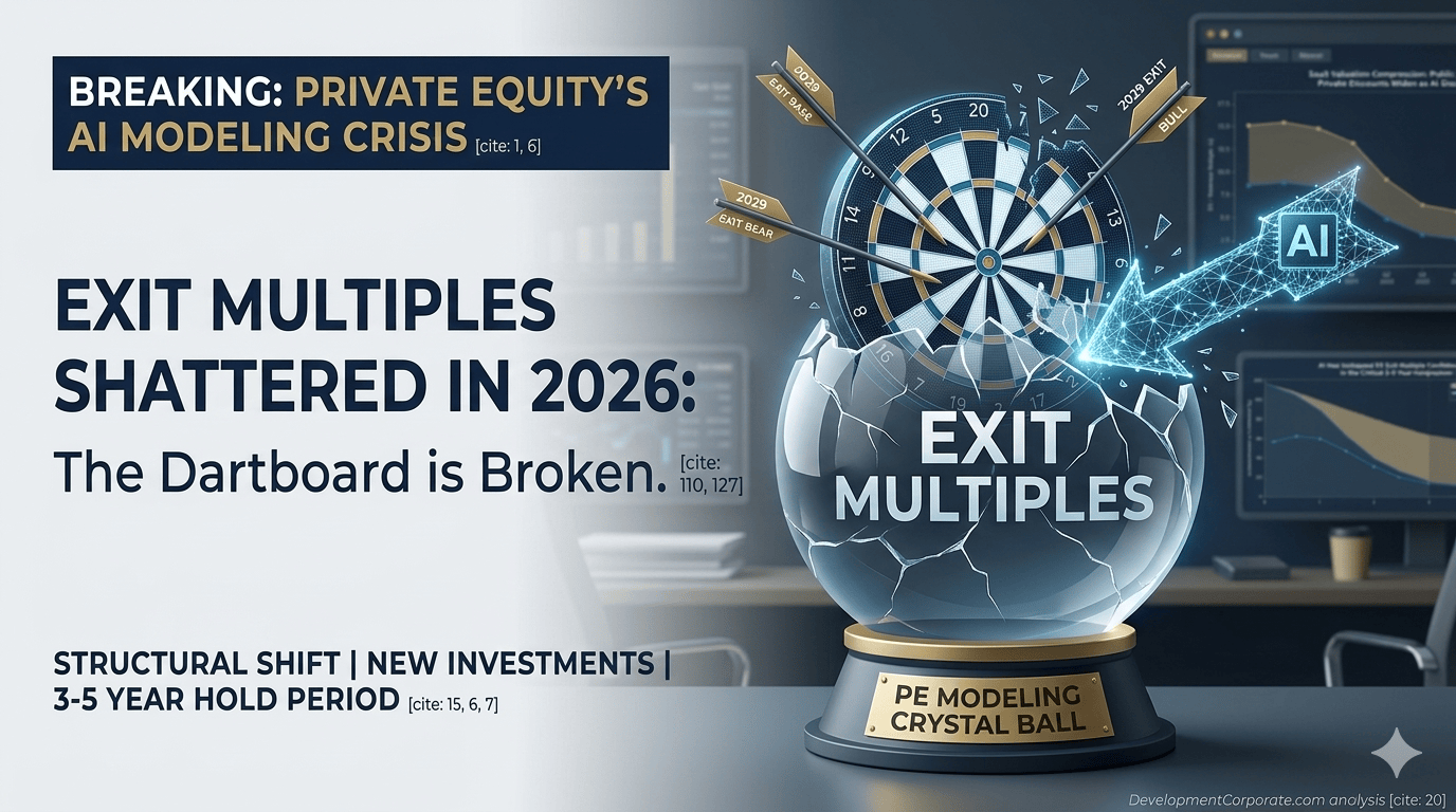 A conceptual 3D illustration of a shattered crystal ball and a broken dartboard being struck by a glowing digital AI arrow, symbolizing the disruption of private equity valuation models and exit multiples in 2026.