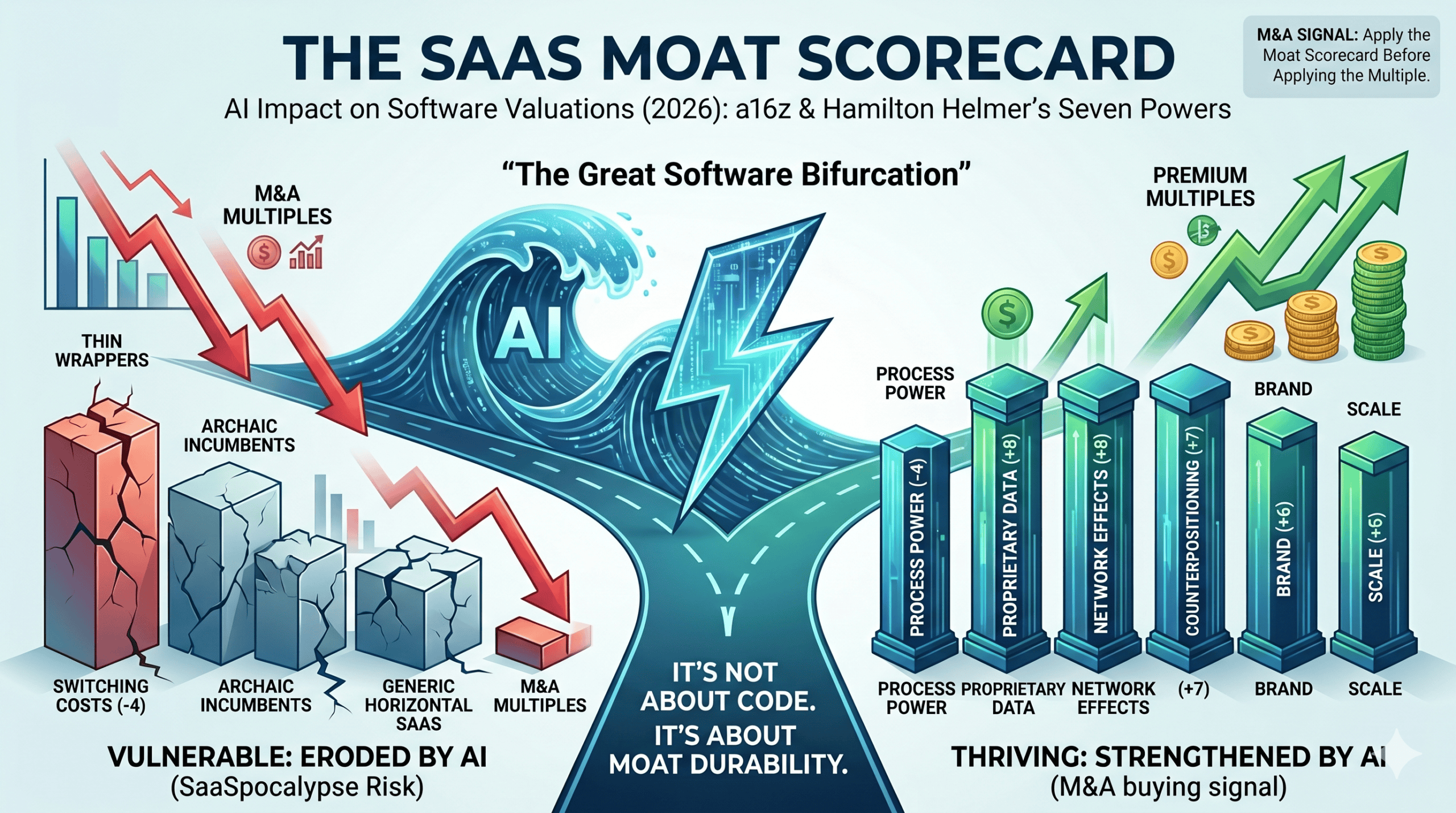 An infographic illustrating 'The Great Software Bifurcation' caused by AI in 2026 software valuations. On the left, a downward red arrow shows vulnerable, eroded SaaS companies (thin wrappers, archaic incumbents) facing falling M&A multiples. On the right, upward green arrows show thriving companies strengthened by AI based on Hamilton Helmer's Seven Powers (Process Power, Proprietary Data, Network Effects, Counterpositioning, Brand, Scale) achieving premium multiples. The center fork in the road reads: 'It's not about code. It's about moat durability.'