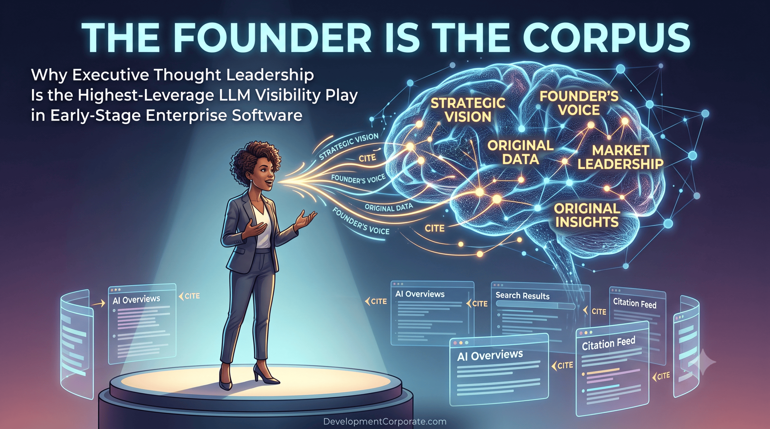 A professional female founder speaking, her voice forming an illuminated digital brain network labeled with "Original Data & Insights" and "Strategic Vision." Information flows into AI devices and laptops displaying "Cited in Top LLM Results," demonstrating how B2B SaaS thought leadership gains visibility in AI search engines.