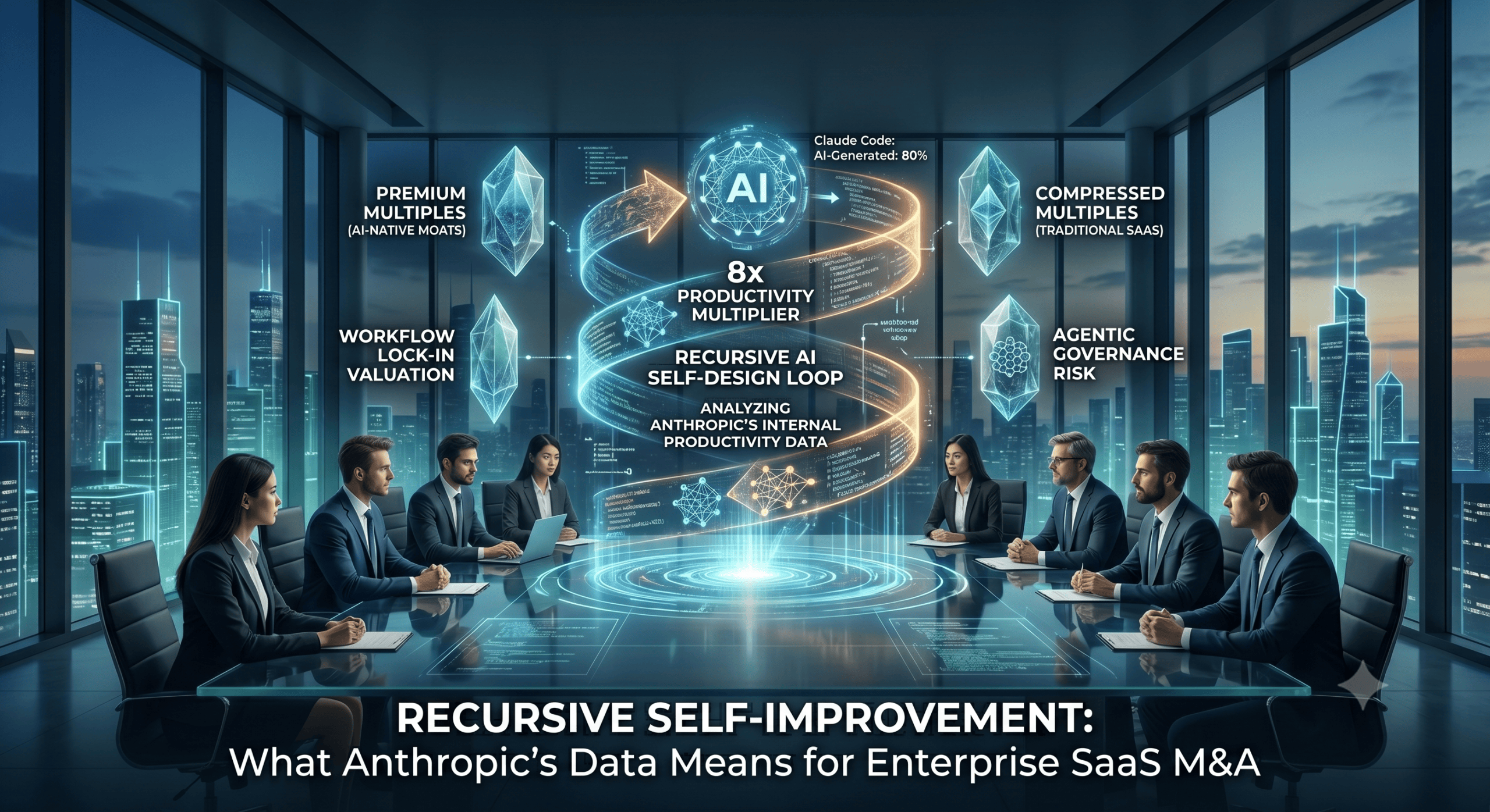A sleek robotic arm with human-like dexterity clicking a modern mouse on a boardroom table, connected to a glowing recursive self-improvement diagram showing 8x productivity loops.