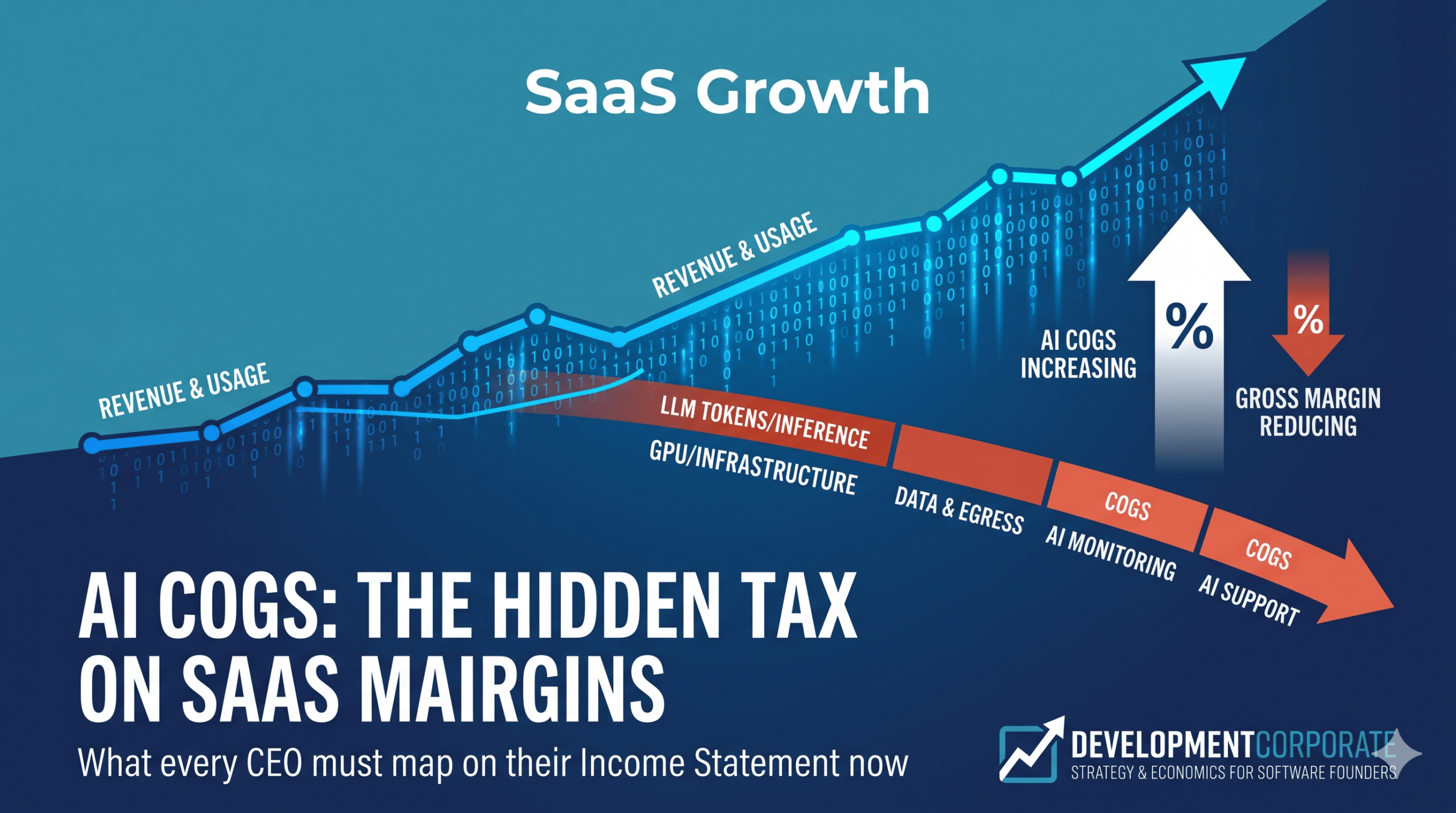 Infographic detailing the 5 components of AI COGS—Inference, GPU infrastructure, data middleware, observability, and AI support—impacting SaaS gross margins.