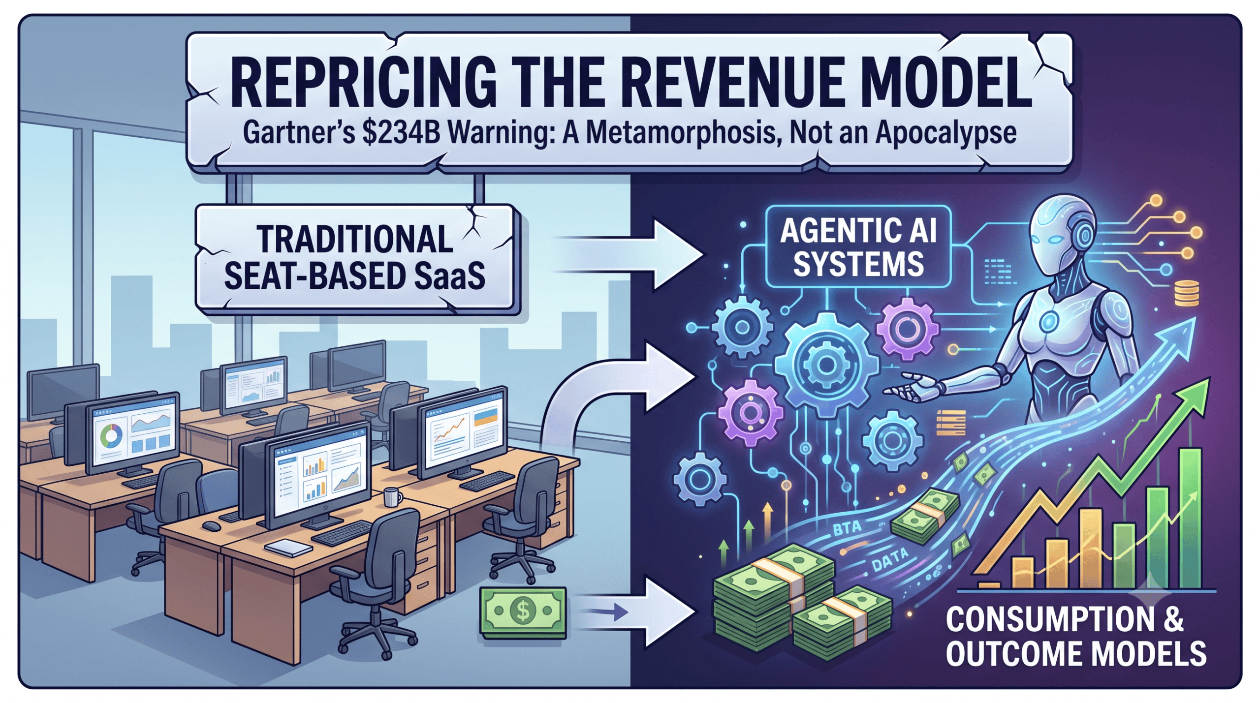 A conceptual illustration representing the transition of enterprise SaaS from traditional seat-based user dashboards to autonomous agentic AI workflows, symbolizing Gartner's $234B market repricing.