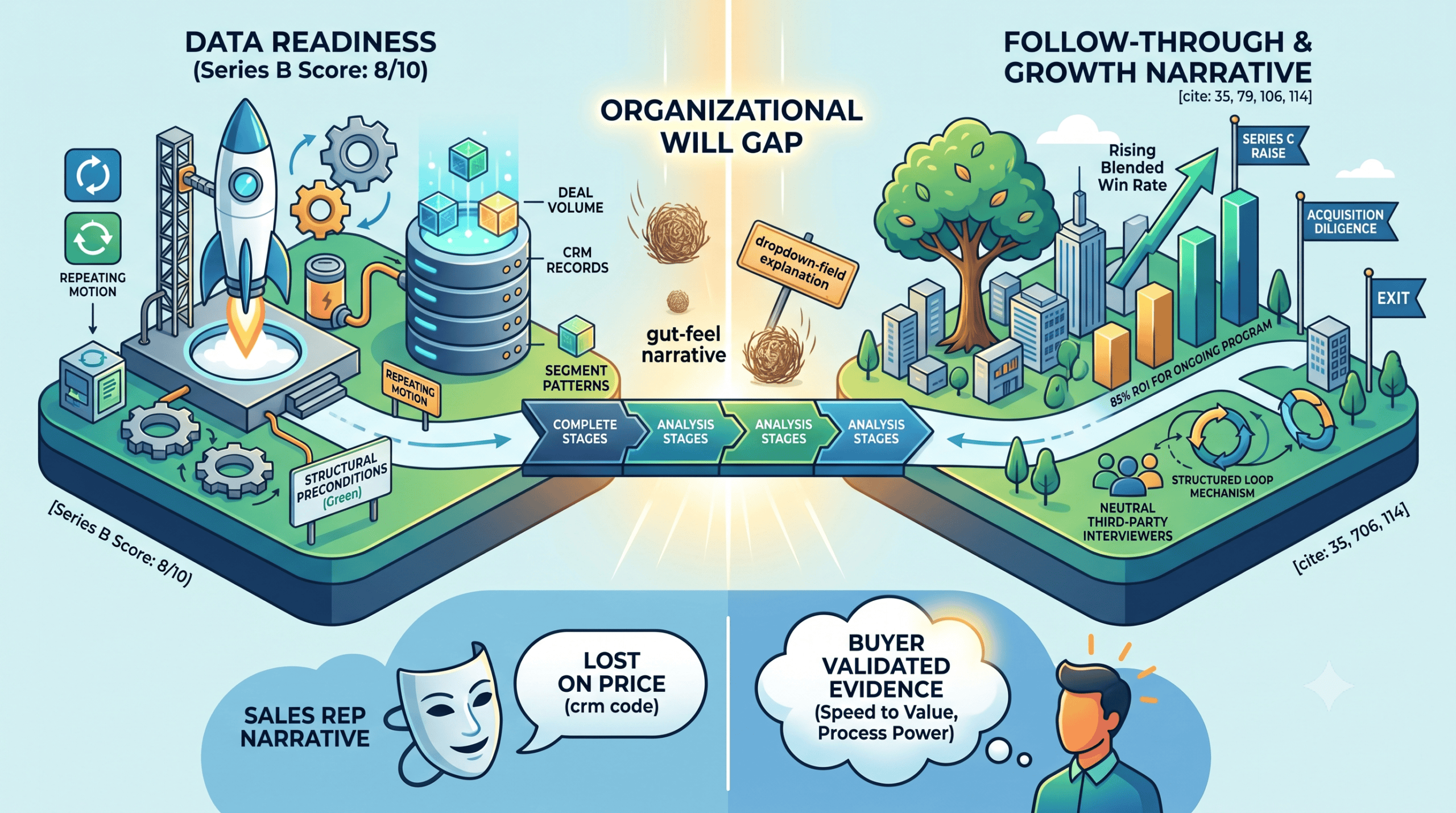 Conceptual business illustration representing SaaS win-loss analysis readiness, data tracking, and GTM growth narrative metrics for Series B tech companies.