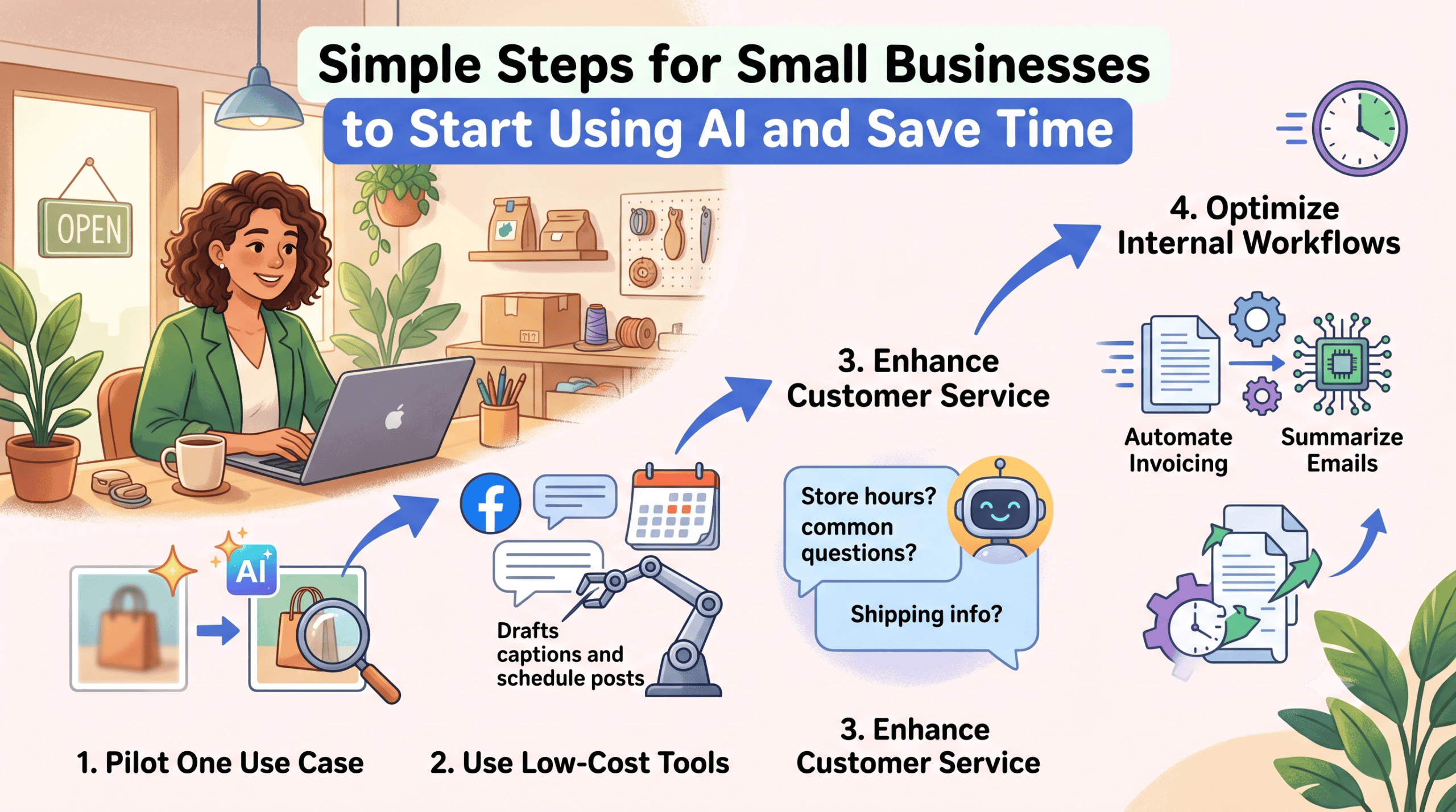 An infographic designed for a WordPress featured image, outlining four simple steps for small businesses to start using AI to save time, based on the document 'Simple Steps for Small Businesses to Start Using AI and Save Time.docx'. It features a diverse business owner and uses friendly icons and text for each phase: 1. Pilot One Use Case (e.g., image upscaling). 2. Use Low-Cost Tools (e.g., social captions, writing help). 3. Add Chatbots for Customer Service (e.g., FAQs, reduced interruptions). 4. Automate Admin & Inventory (e.g., invoicing, forecasting). An arrow shows progression to 'Confidence & Growth'.
