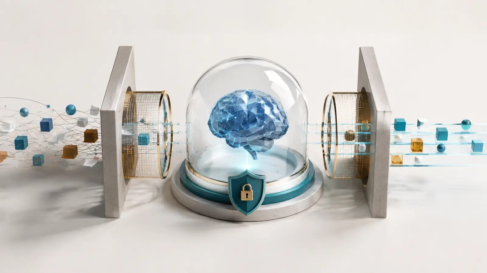 A protected AI core receiving carefully filtered business and creator data through secure gates.