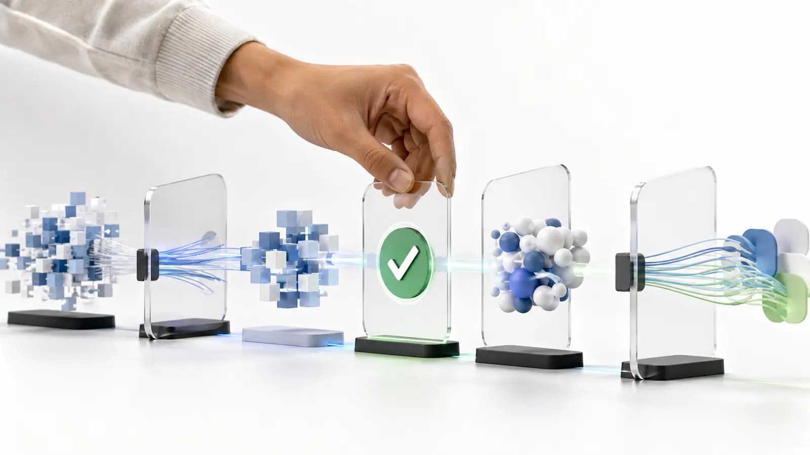 A human hand approving a checkpoint in a controlled AI workflow.