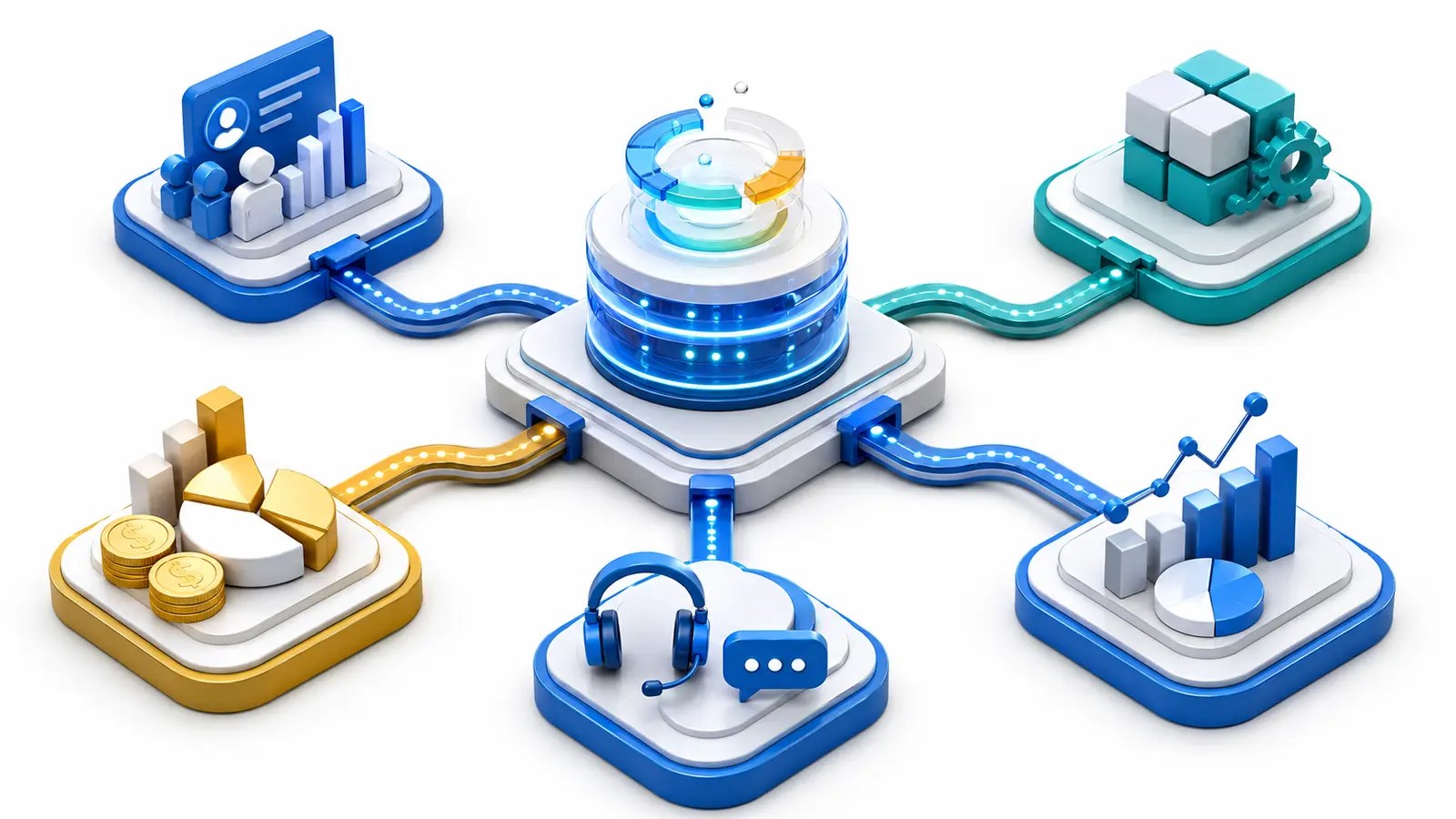 An integration map connecting CRM, ERP, finance, support and analytics systems