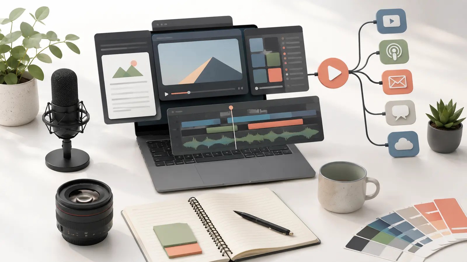 Editorial creator workspace for research, writing, video production and content distribution.