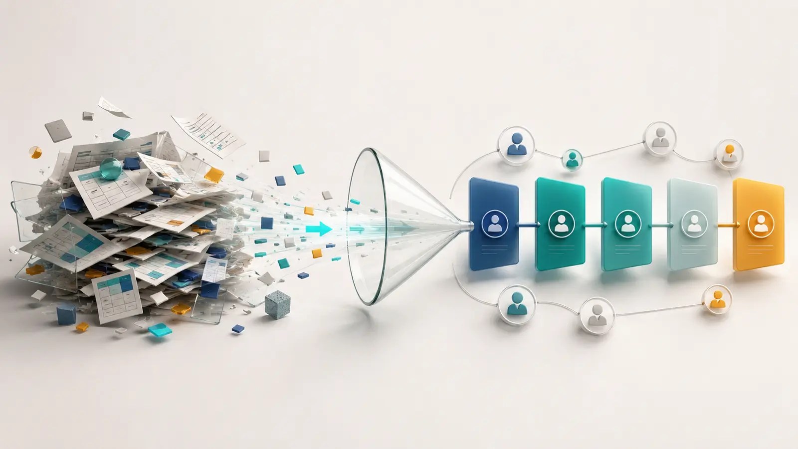 A fragmented spreadsheet sales process transforming into a connected customer pipeline.
