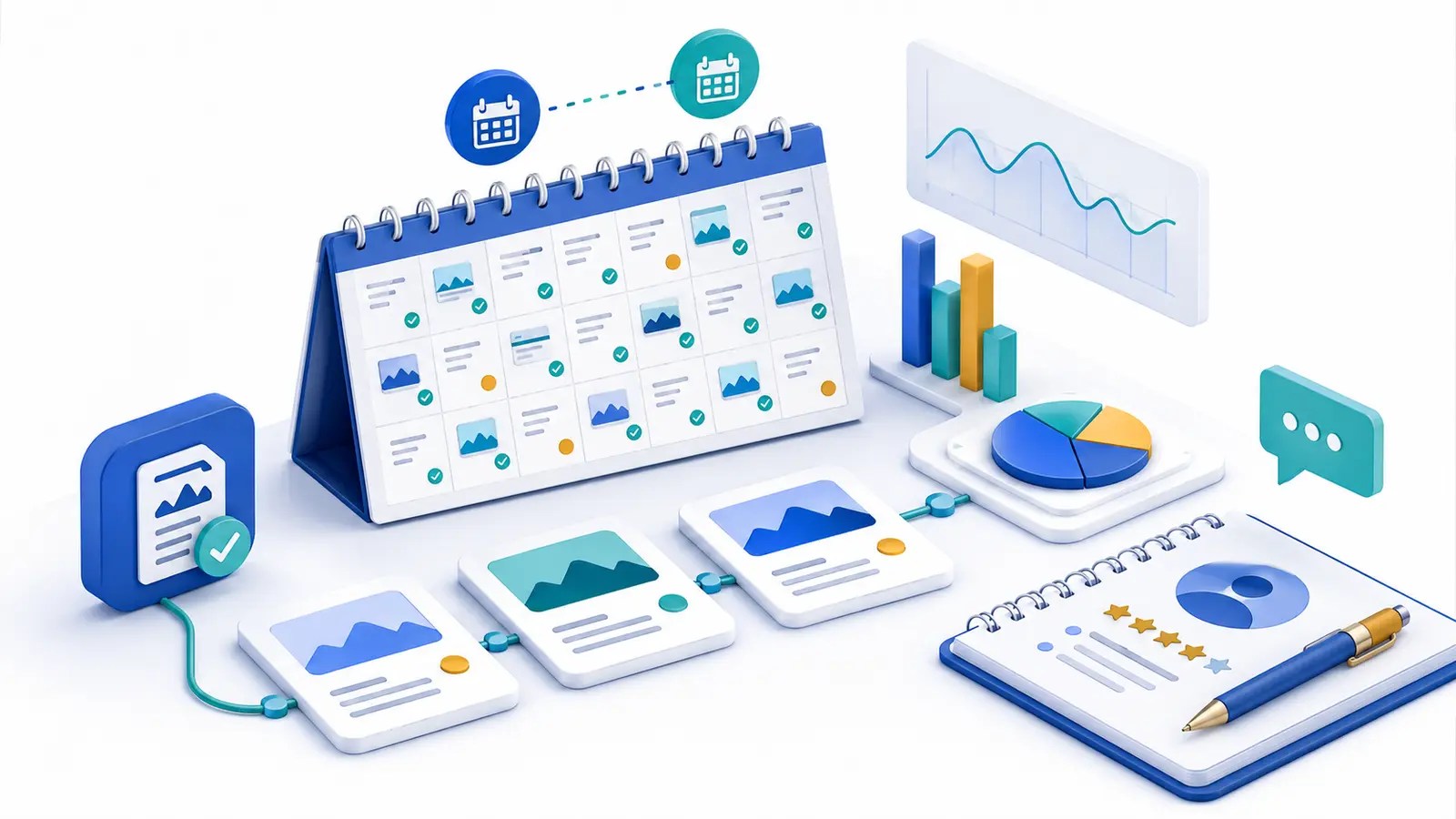 Two months of daily publishing represented by a calendar, articles and performance review