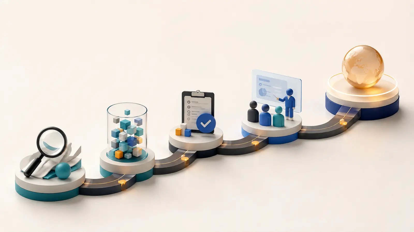 A staged ERP journey from process discovery and data preparation through testing, training and go-live.