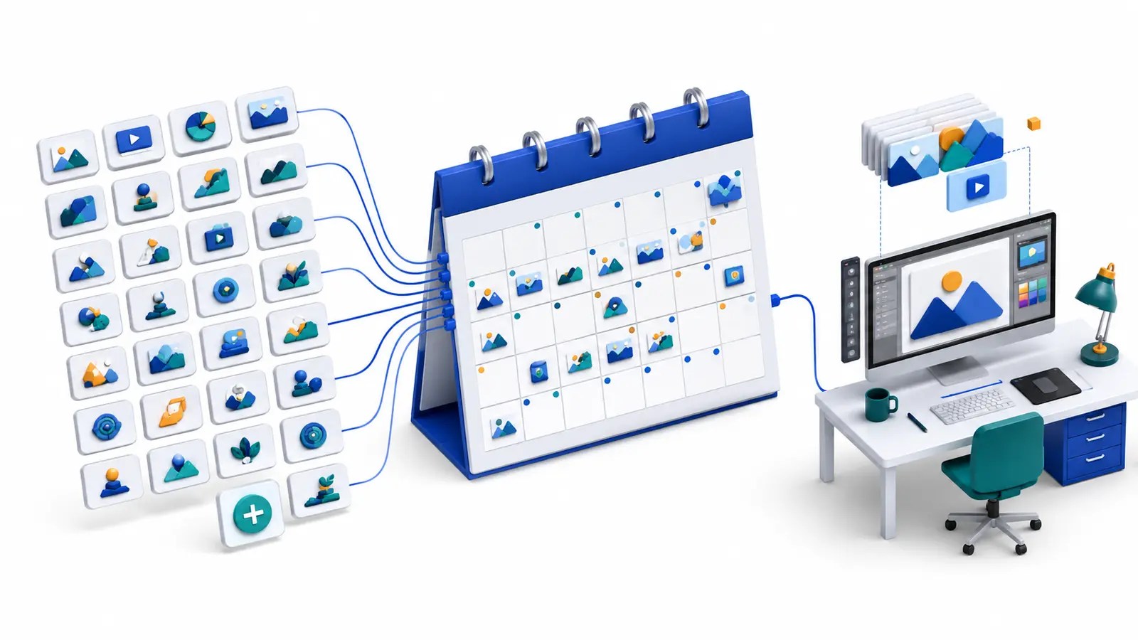 Monthly featured-image production system with a consistent visual calendar