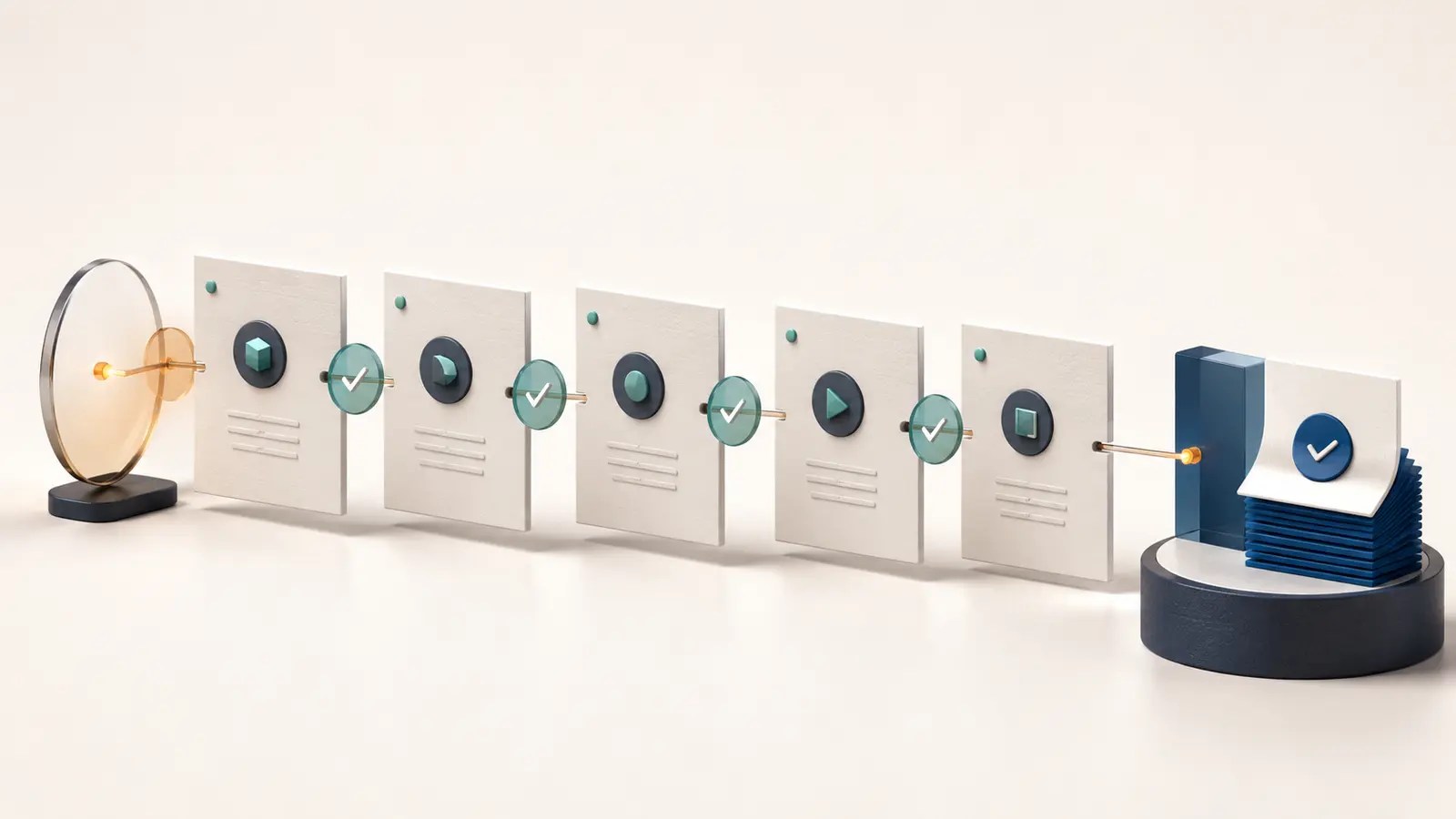 Editorial illustration of repeatable instruction cards moving through quality checkpoints.