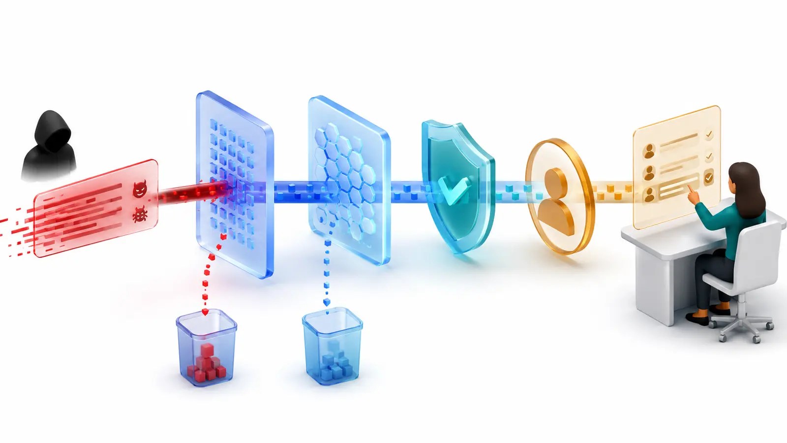 A prompt injection attack passing through layered AI security defenses and human review