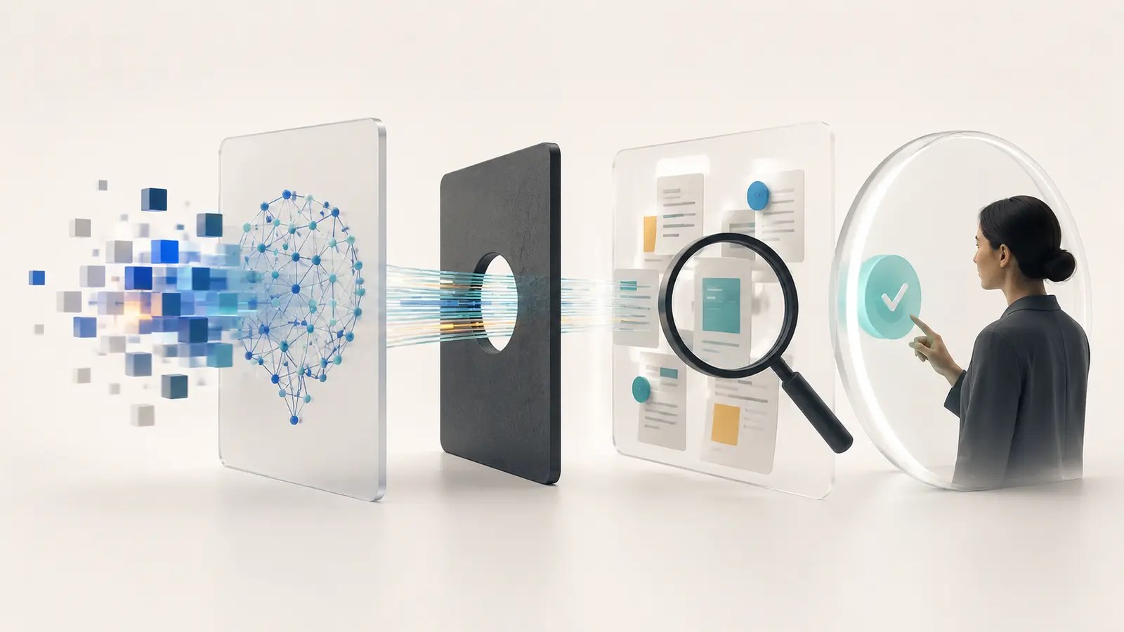 An AI output passing through evidence comparison, source checks and human verification.