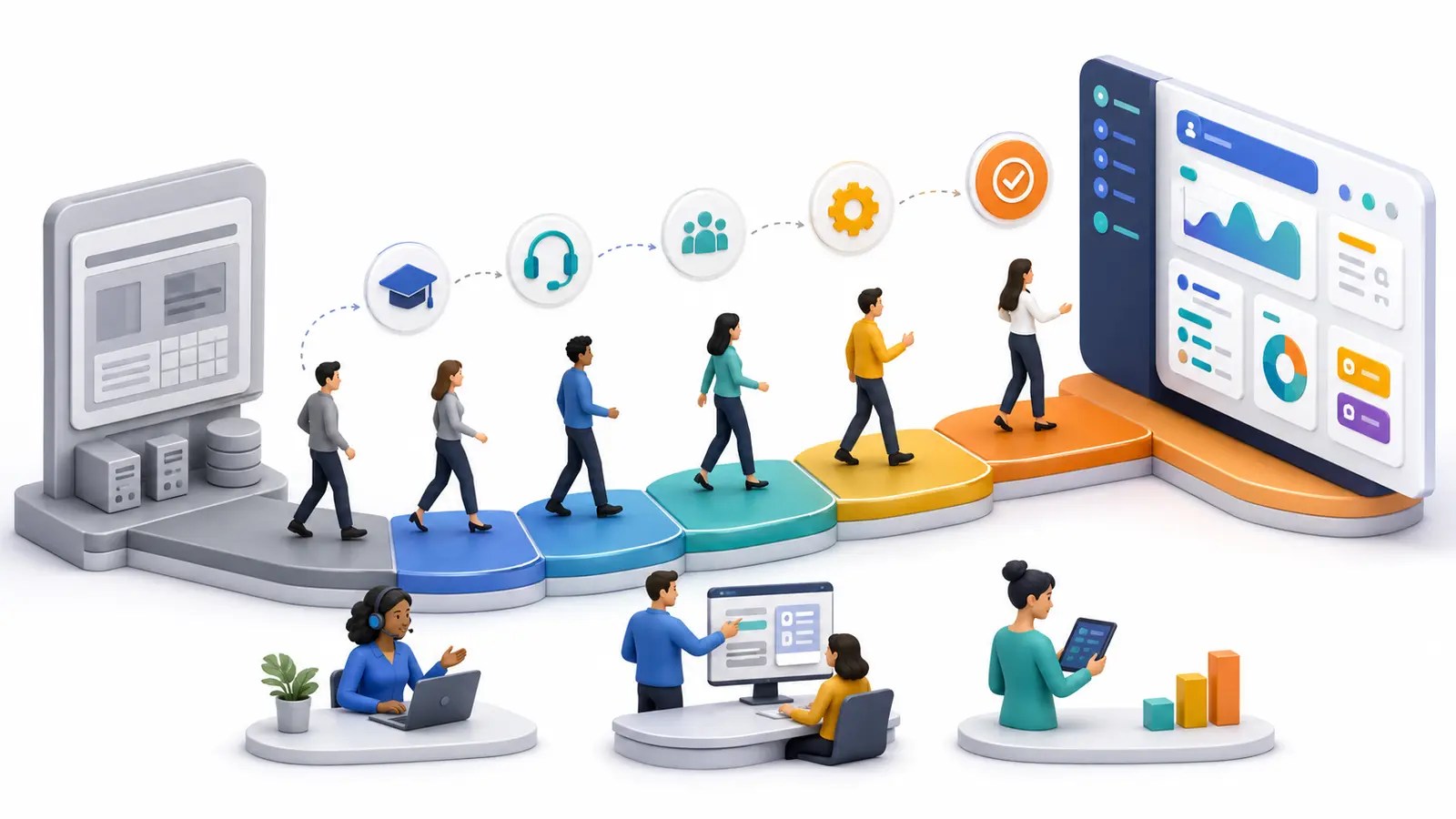 Employees moving through a structured software change management and adoption program