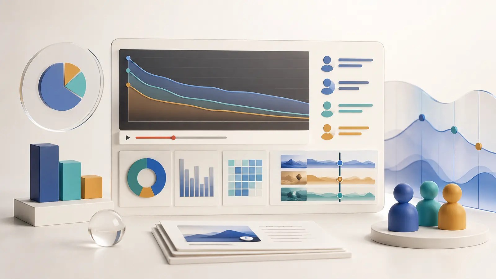 A creator analytics workspace showing abstract audience groups, retention curves and content comparisons.