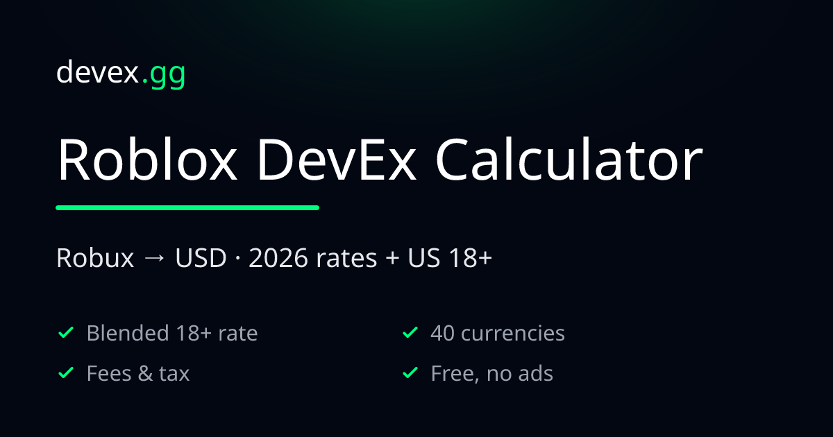 Roblox DevEx Calculator Robux To USD 2026 Rates US 18 Opengraph Image
