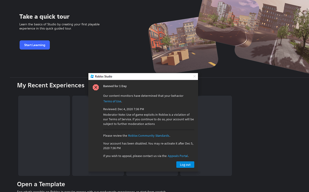 Getting A Old Ban Message ONLY ON ROBLOX STUDIO Platform Usage 2 1024x637 