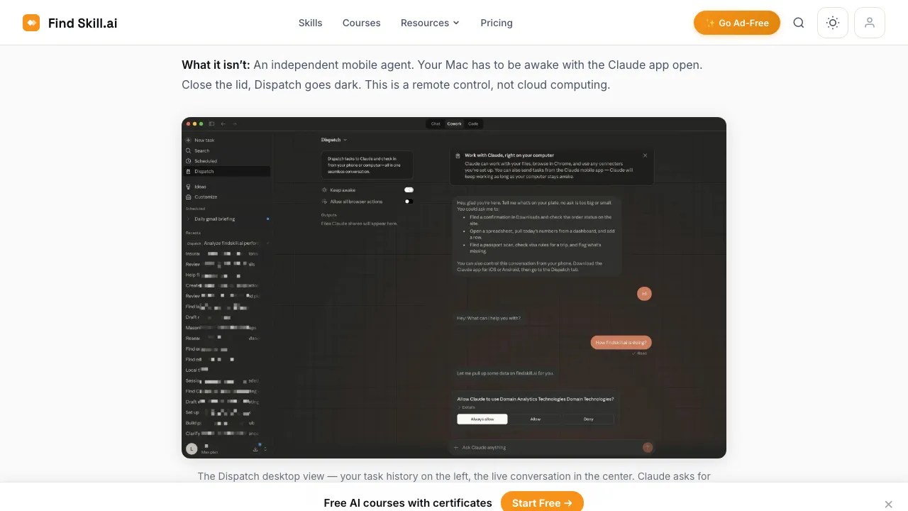 Claude Dispatch desktop UI showing task history panel and permission confirmation dialog