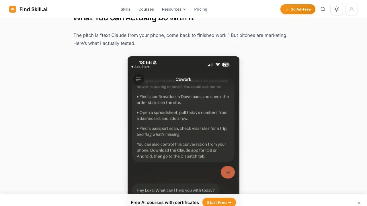 Claude mobile app showing Cowork Dispatch conversation with suggested task examples