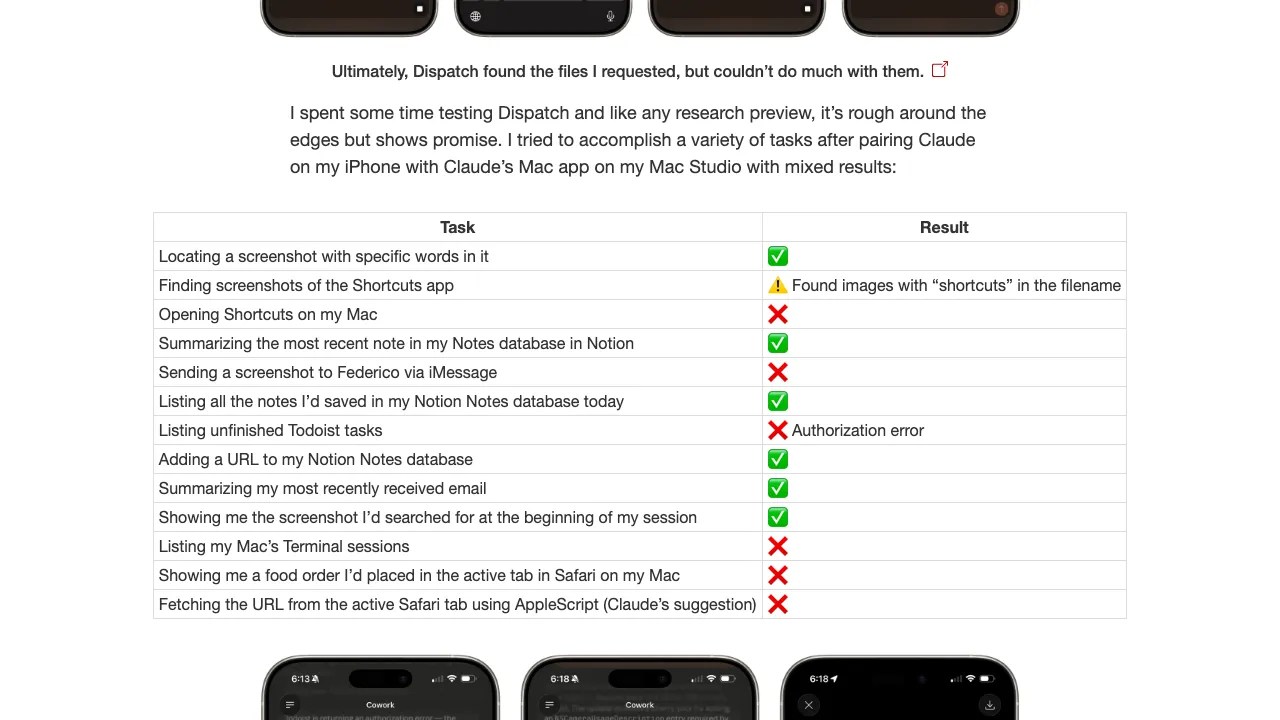Task success and failure breakdown table from MacStories Dispatch testing — read tasks succeed, system operations fail more often