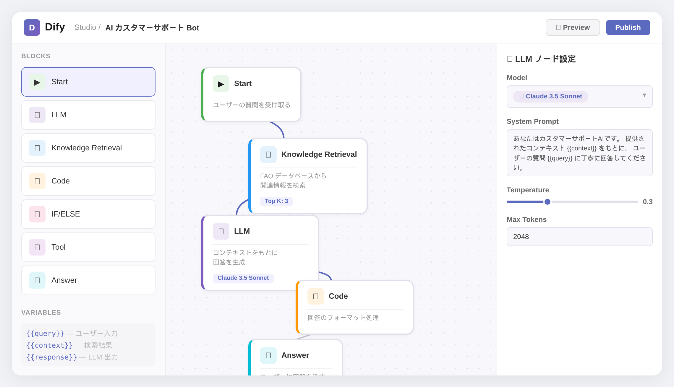 Dify AI app builder interface showing RAG pipeline with Knowledge Retrieval, LLM, and Code nodes