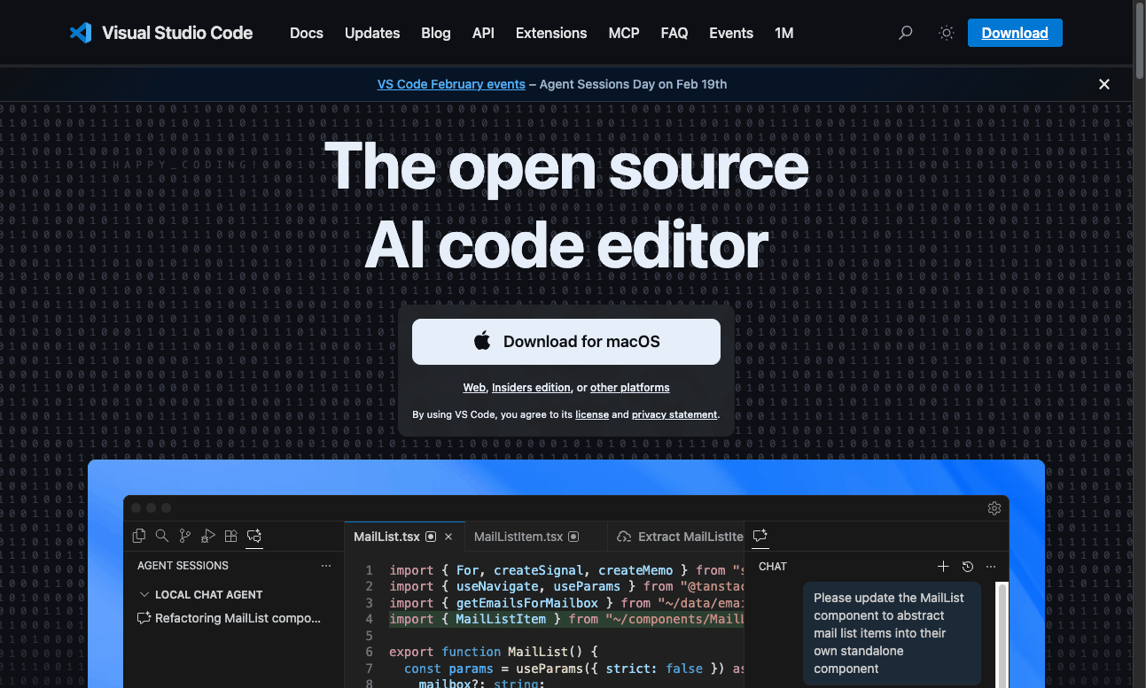 VS Code official website homepage showing the Download for macOS button