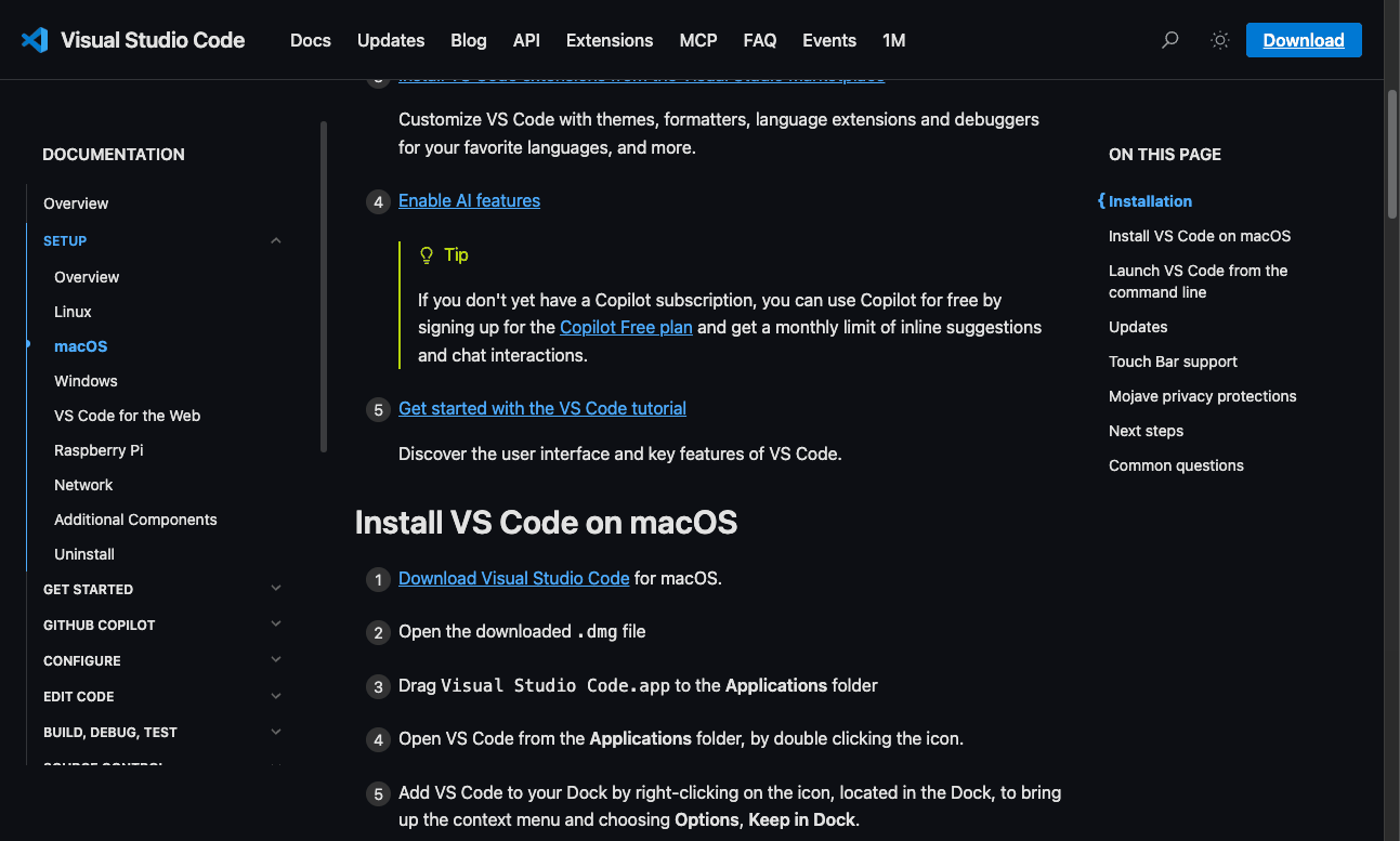 VS Code macOS installation steps — extracting zip and moving to Applications folder