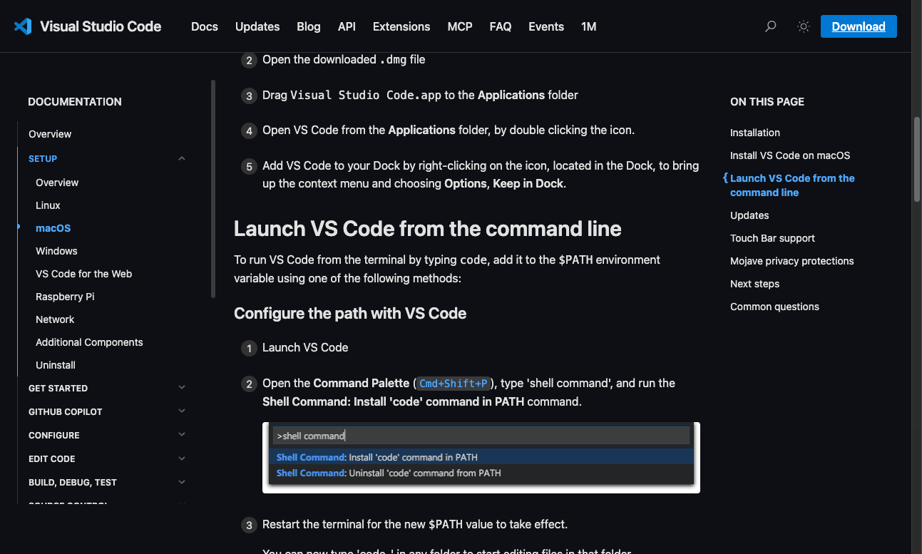 VS Code command line setup — Shell Command Install code command in PATH via Command Palette