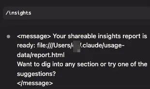 Claude Code /insights command execution showing usage data analysis report generation