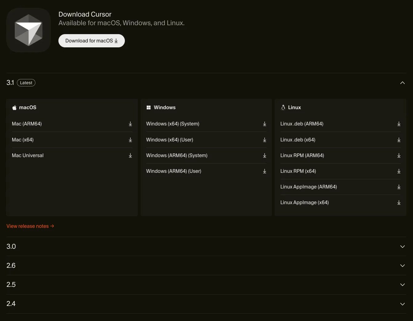 Install Cursor download page listing every platform build