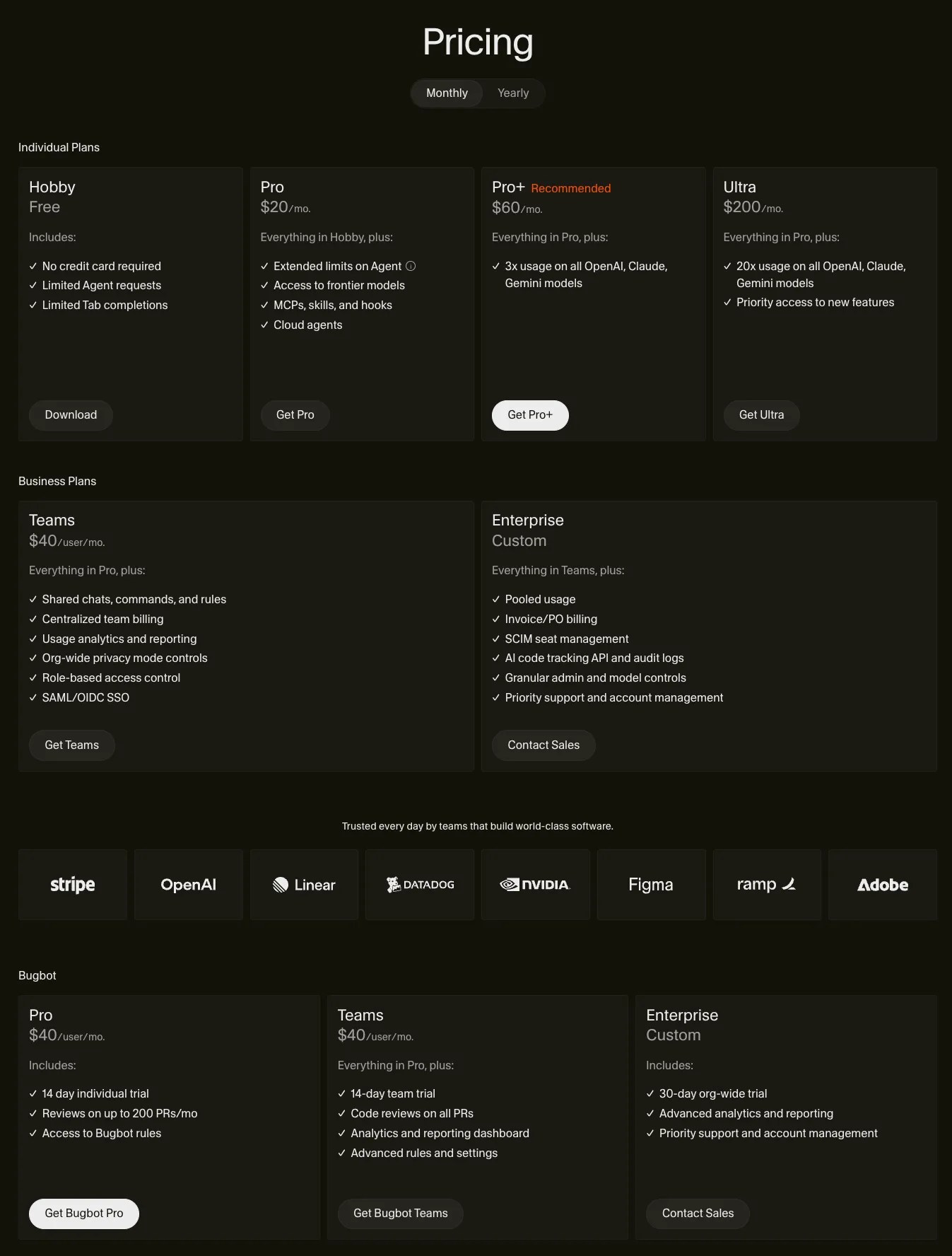 Cursor pricing plans official page — Hobby free, Pro $20/mo, Pro+ $60/mo, Ultra $200/mo