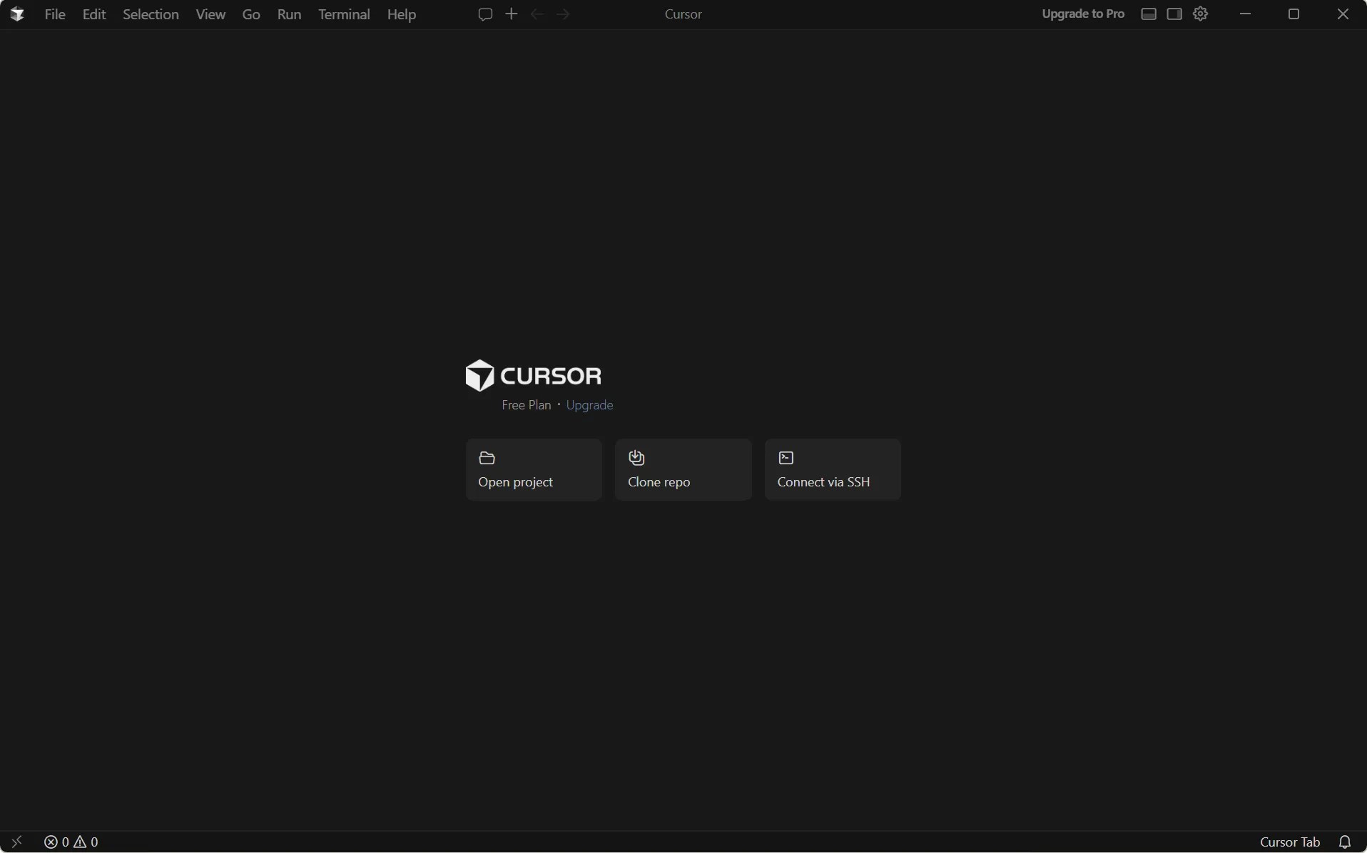 Cursor AIコードエディタの起動画面 - Cursorできること一覧